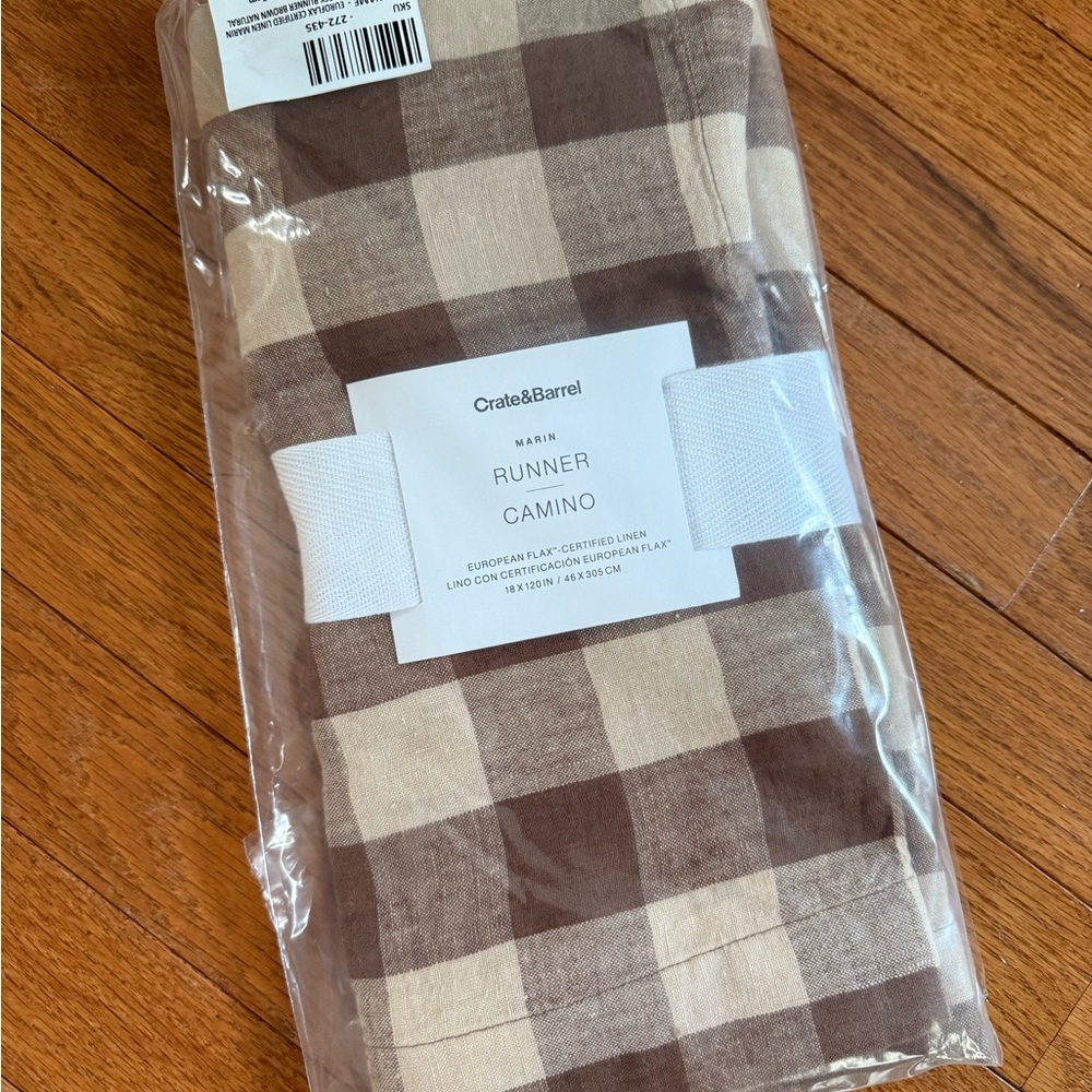 Crate&Barrel Marin Camino Linen Check Runner - Brown & Cream